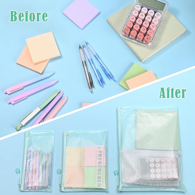 BAYTORY 18Pcs Mesh Zipper Pouch Bags, Clear Waterproof Document Bag, Assorted Color File Pockets, Large Capacity Plastic File Jackets, Multipurpose for Travel School Office and Home (Green)