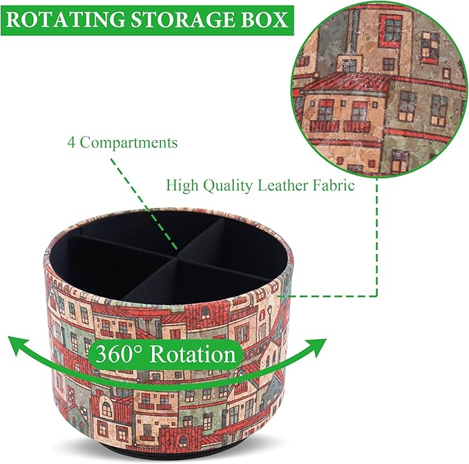 Round Leather Art Supply Organizer,Remote Control Holder,360 Degree Spinning,Multi-Functional Pencil Holder,4 Compartments Desktop Stationary Organizer(1-Red House)