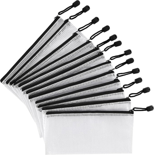 12 Pieces Plastic Mesh Zipper Pouch Bag/Zipper Envelope Document Storage Pouch Bag/Zip File Folder/Office Supplies Bills File Waterproof Zipper Pouche/Storage Pouch for Puzzle and Office