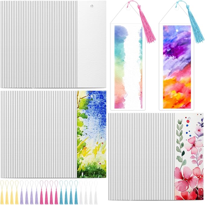 Marspark 241 Pcs Watercolor Paper Bookmarks Blank with Tassels and Sleeves Cotton White Cardstock to Paint Book Marks Craft with Hole for DIY Classroom Gifts Project Tags Bulk, 5.5 x 2 Inch