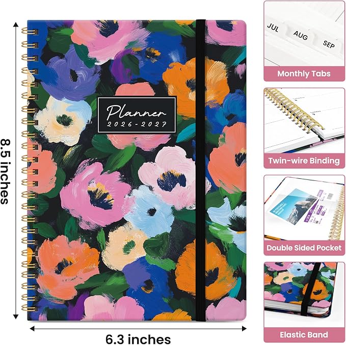 Planner 2026–2027, Academic Year Monthly & Weekly Calendar Book, Jul 2026–Jun 2027, Hardcover Organizer with Tabs, Student & Teacher Planner, 6.3" x 8.5", Vivid Garden