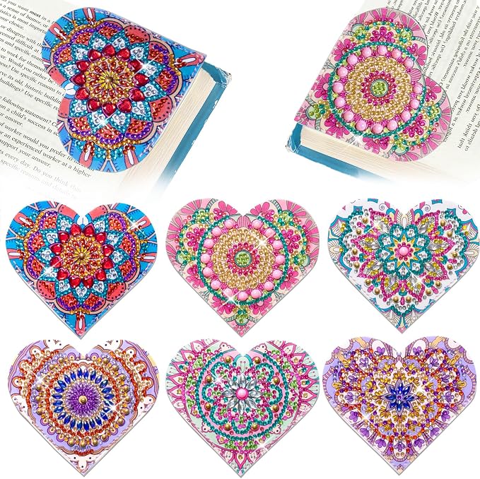 6 Pcs Diamond Painting Bookmark, DIY Corner Book Makers for Adults Book Lovers, Diamond Dot Art Beginner, Small Diamond Art Kits, Paint by Art Crafts Gift for Women Girls (Heart Mandala 6)