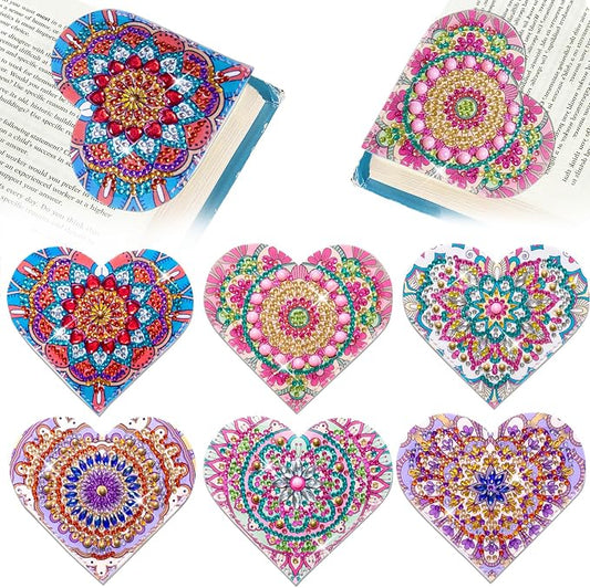 6 Pcs Diamond Painting Bookmark, DIY Corner Book Makers for Adults Book Lovers, Diamond Dot Art Beginner, Small Diamond Art Kits, Paint by Art Crafts Gift for Women Girls (Heart Mandala 6)