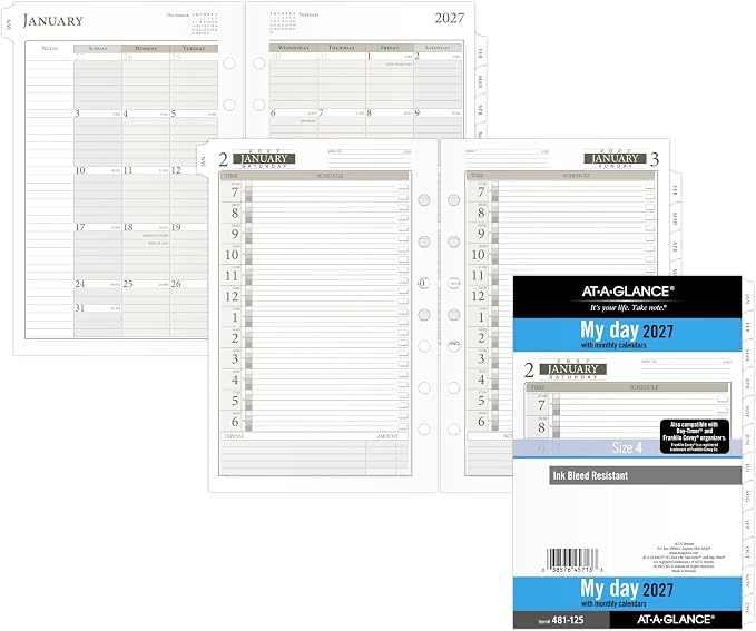 AT-A-GLANCE 2027 Planner Refill Daily, 5.5" x 8.5", Desk Size 4, One Page Per Day Refill, 7-Ring Loose-Leaf (481-125-27)