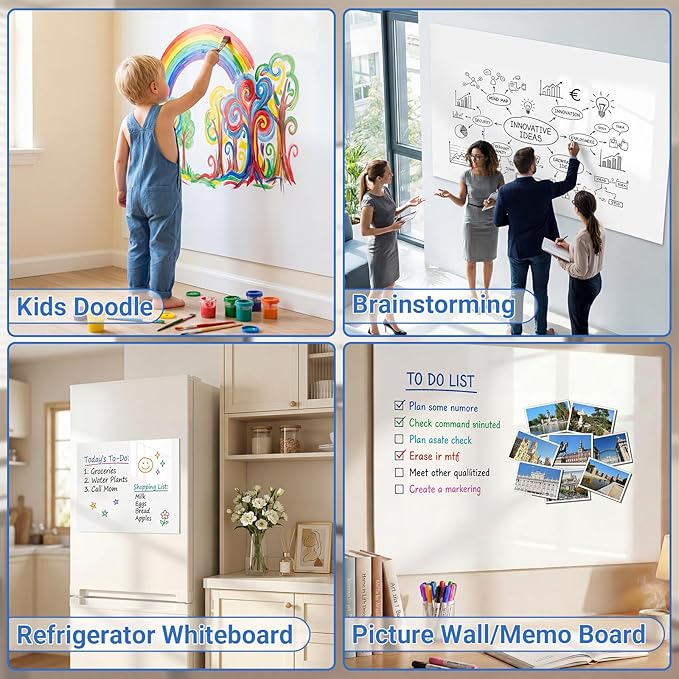 AFMAT White Board Dry Erase Paper, 48" x 36" Whiteboard Wallpaper, with 4 Markers, Stain-Proof & Super Sticky, No Ghost, 4' x 3' Peel and Stick Dry Erase Board Paper Roll for Wall/Home/Office