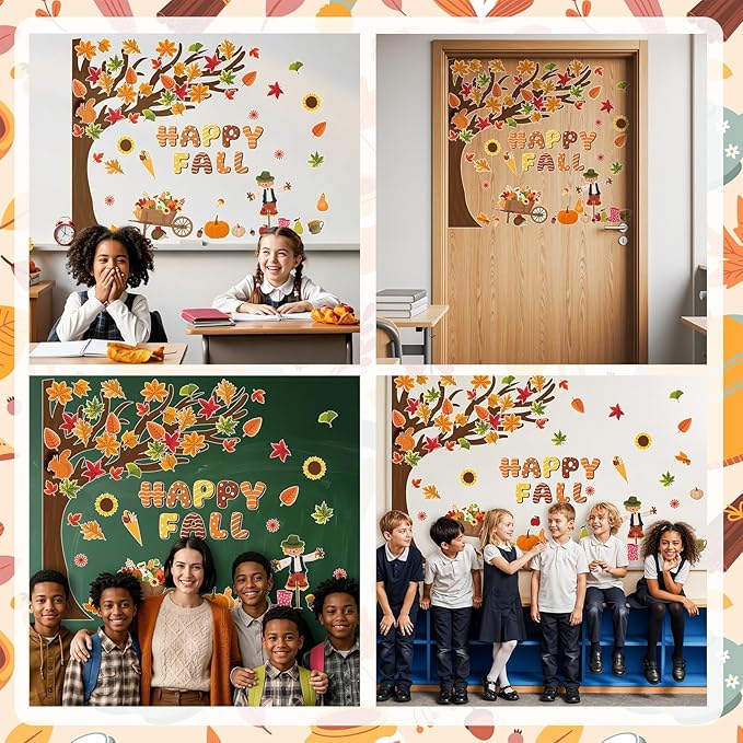109Pcs Happy Fall Bulletin Board Decorations Set Autumn Thanksgiving Fall Tree Maple Pumpkin Leaf Scarecrow Cutouts with Glue Points for Home School Chalkboard Wall Decor