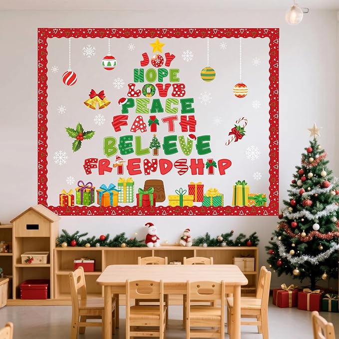 Funrous 93 Pcs Christmas Bulletin Board Decoration Set Xmas Tree Classroom Bulletin Board Decor Christmas Paper Cutouts with Borders for Xmas Winter Holiday Party School Classroom Wall Decorations