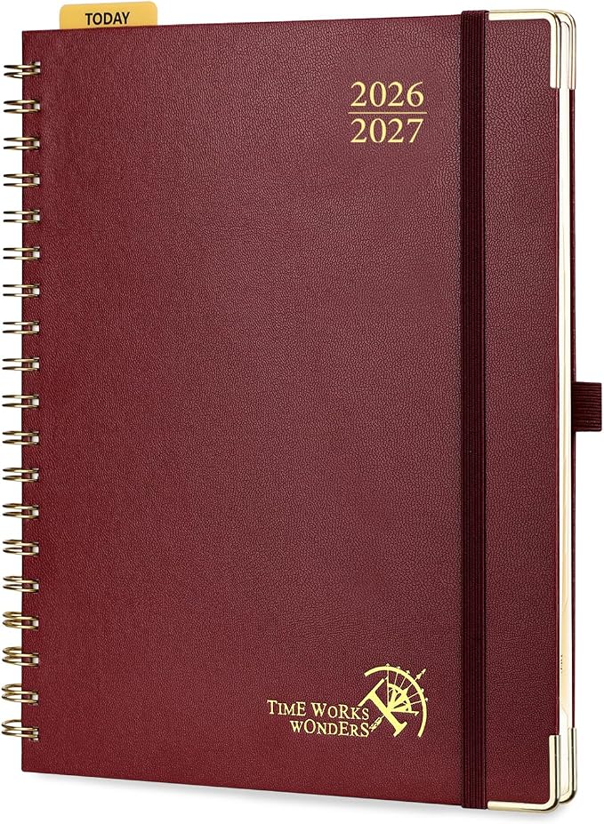 POPRUN 2026-2027 Academic Year Weekly and Monthly Planner Calendar,Jul 2026 - Jun 2027，10" x 8"， Daily Agenda Book & Appointment Book with Hourly Schedule, Tabs, Hardcover, School and Office Supplies - Burgundy