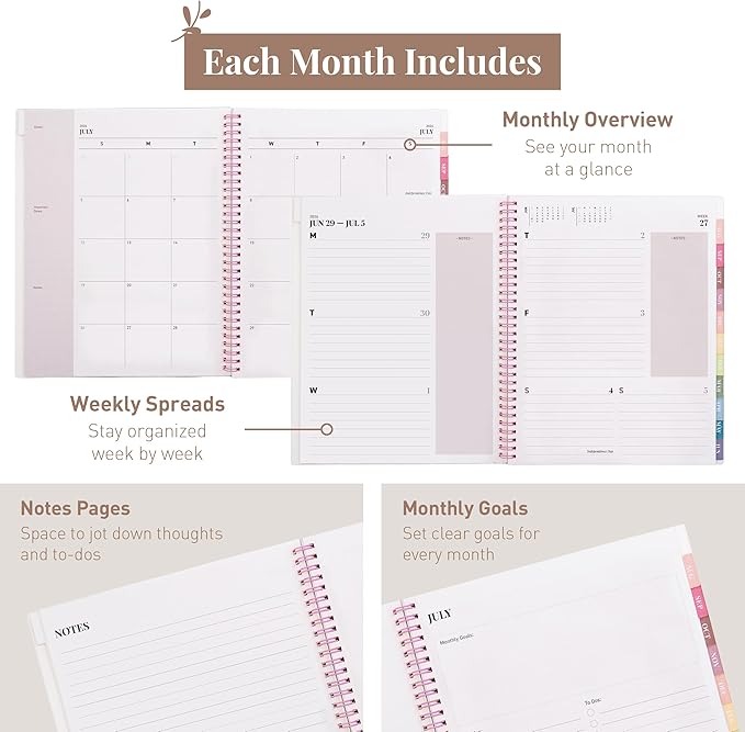 Rileys Academic Planner 2026-2027, Daily, Weekly & Monthly Planner, July 2026 - June 2027, Student Notes Pages, Twin-Wire Binding, Weekly Agenda for School & Work (8.5 x 11-Inches, Deco, Pink)