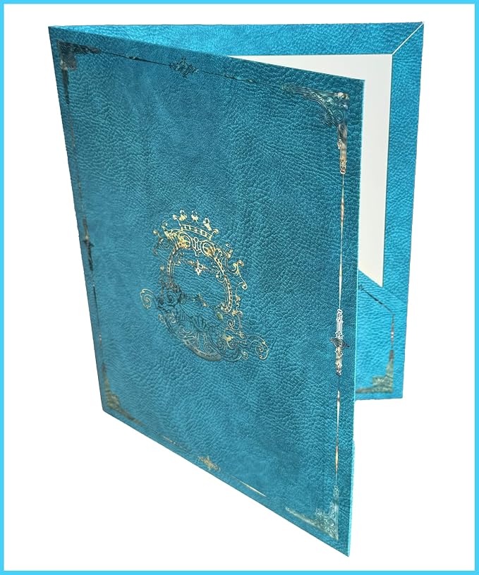 3 Pack Decorative File Folders, Gold Ornate Design On Blue Leather, Letter Size 9.2 x 11.7 Inch Colored Filing Folders, Full Color Outside & On Inside Pockets with Beige Lining, Elegant Design