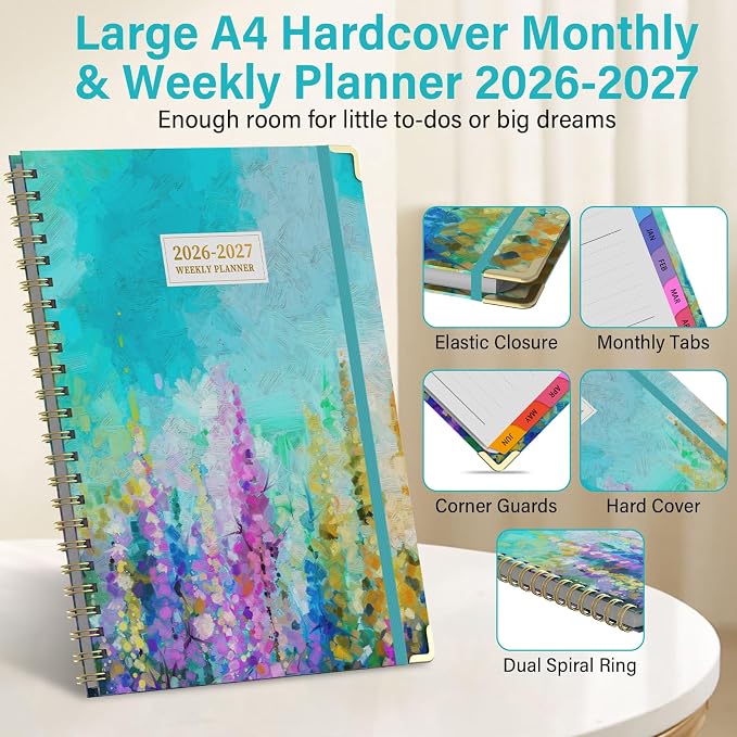 Planner 2026-2027, A4 Hardcover Weekly and Monthly Calendar Planner from July 2026 - June 2027, 8.5" x 11" Daily Agenda with Monthly Tabs, Spiral Bound, Inner Pocket, Cute Journal Organizer Notebook for Office School-Purple Oil Painting