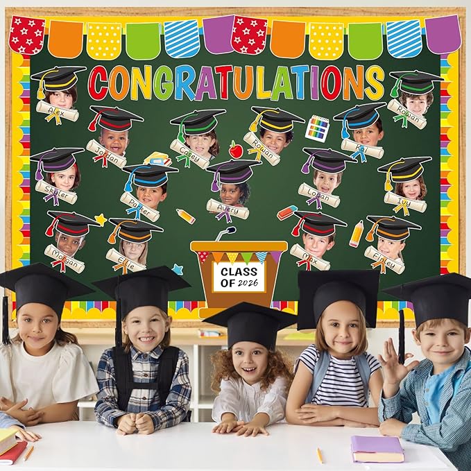gisgfim Graduation Bulletin Board Decorations Set Congratulations Grad Paper Cutouts Graduation Cap DIY Photo Crafts Bulletin Board Decor for Class of 2026 School Classroom Blackboard Chalkboard Wall