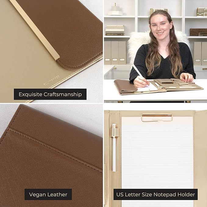 BLU MONACO | Brown Vegan Leather Binder for Women | Magnetic Closure Business Leather Portfolio Organizer with Gold Trim | Professional Padfolio for Meetings Interviews Documents