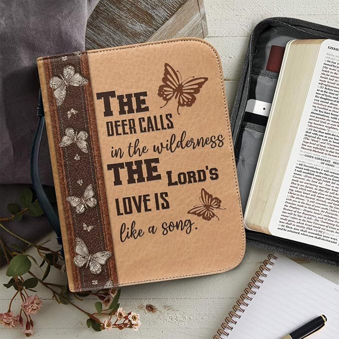 Vintage Religious Cross Deer Bible Case with Bookmark Waterproof Bible Cover Case for Women Lightweight Bible Bag with Handle Pockets Church Book Bag Brown