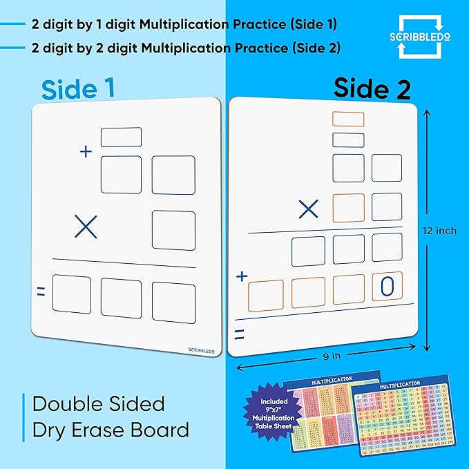 SCRIBBLEDO Dry Erase Long Multiplication Board 9"x12" Double Sided Practice Whiteboard with 2x1 & 2x2 Digit Multiplication for Home, School, Classroom Math Manipulatives for All Ages