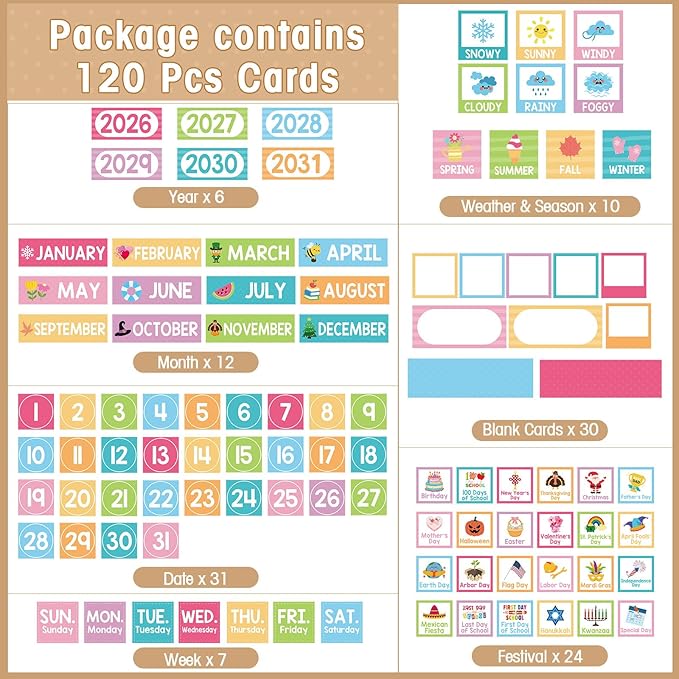 Sinload Classroom Calendar Pocket Chart Set Calendar Bulletin Board Set Seasons Festival Weather Pocket Chart for Classroom Decoration Back to School Supplies(Pastel,Linen Color)