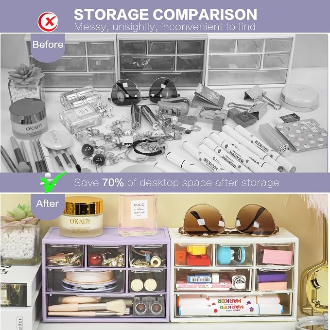 Desk Storage Organizer with 6 Mini Drawers, FODIENS Stackable Desktop Craft Drawer Cabinet, Clear Storage Box Caddy for Makeup Jewelry Office Craft Supplies (Purple)