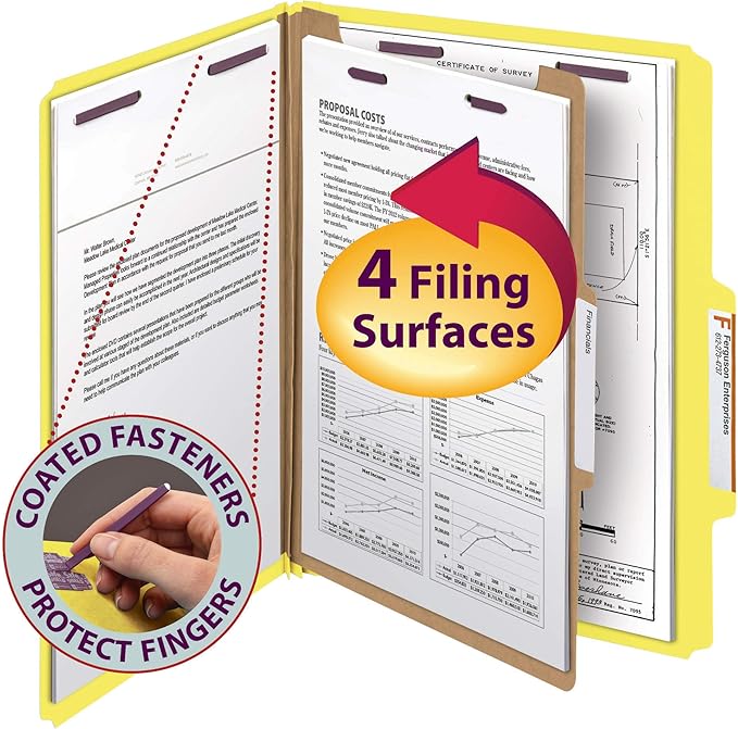 Smead Pressboard Classification File Folder with SafeSHIELD Fasteners, 1 Divider, 2" Expansion, Letter Size, Yellow (13734), (Pack of 5, 50 Count Total)