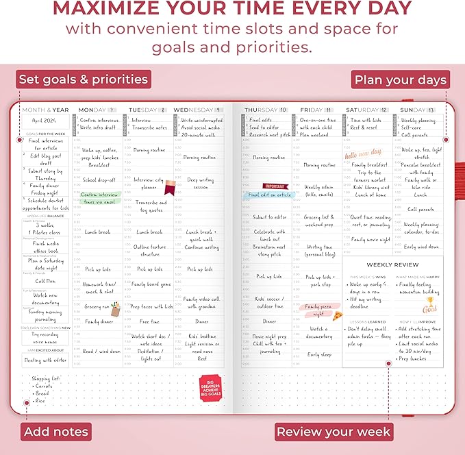Clever Fox Planner Schedule – Undated Weekly & Monthly Life Planner with Time Slots, Appointment Book & Daily Organizer, A5 (Red)