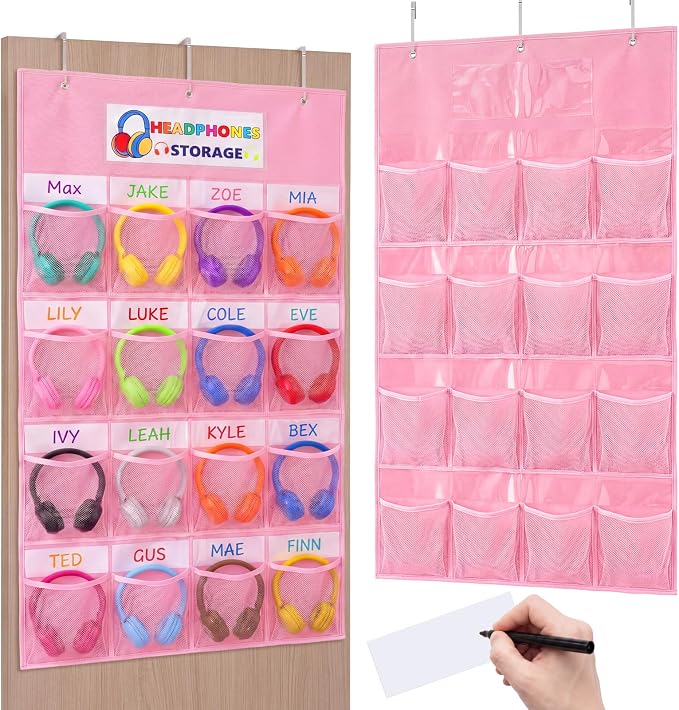 AmazingSpark 16 Pockets Classroom Headphone Storage Thickened Non-woven Fabric Mesh Pocket Chart Over The Door Hanging Cell Phone Organizer with Signed Card for Back to School Classroom Library, Pink