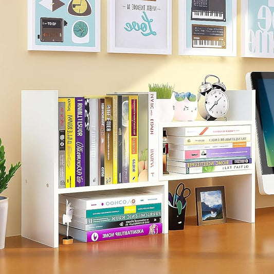Desktop Shelf Organizer, Adjustable Wood Office Storage Rack, Counter Display Small Bookshelf for Home/Office/School(White)