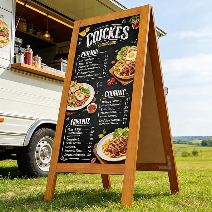 4 THOUGHT A-Frame Double-Sided Magnetic Chalkboard 40"x20", Solid Pine Wood Freestanding Sandwich Board for Restaurants, Cafes, Weddings (Caramel)