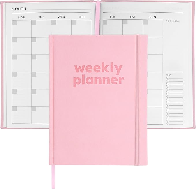 Rileys & Co Undated Daily Planner 8 x 6 in, Day Schedule Planner & Agenda Book, Journal with Goal & Habit Tracker, No Dates Dateless Annual Organizer for Work, School & Home - Pink