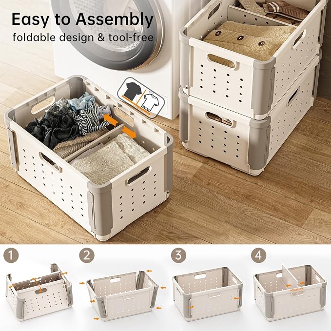 Plastic Folding Storage Baskets with Divider, 42L Collapsible Storage Crates with Handles, Stackable Heavy Duty Versatile Box Organizers for Clothes, Books, Snacks, Shoes and Grocery