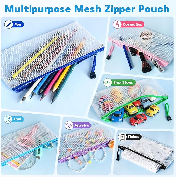 Shyling 24 Pack Pencil Pouch Bulk, 9.5" x 4.5" Mesh Zipper Pouch Pencil Case, 12 Colors Waterproof Small Zipper Pouches for School Supplies Storage, Travel, Cash, Cosmetics, Office Organization