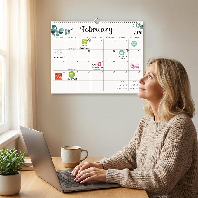 2026-2027 Wall Calendar - 18 Months (Jan 2026 - Jun 2027), 14" x 11" Colorful Printed Calendar with 1.9"x1.8" Daily Writing Space, Holiday Reminders & 4 Stickers for Home/Office Planning