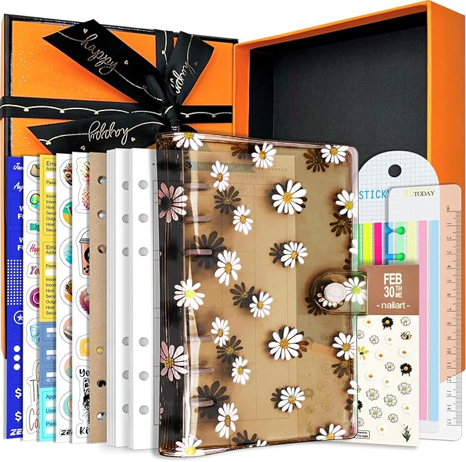 A6 A5 6-Holes Colorful PVC Cover Personal Organizer with Snap Button Closure File Folder for Loose Leaf Sheet Notebook (Black Daisy, A6 Gift Box)
