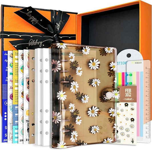 A6 A5 6-Holes Colorful PVC Cover Personal Organizer with Snap Button Closure File Folder for Loose Leaf Sheet Notebook (Black Daisy, A6 Gift Box)
