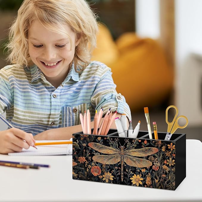 Dark Academia Dragonfly Floral Pen Holder, Vintage Moody Office Pen Pencil Holder Organizer for Desk Accessories, Whimsical Insect Wooden Box Desk Decor for Home Office Desk Decorations