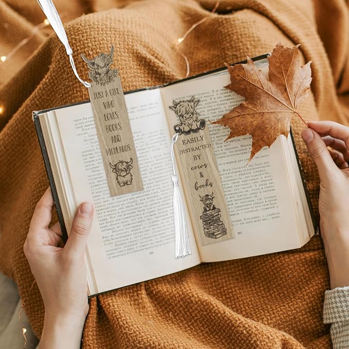 TICIAGA Wooden Highland Cow Bookmarks - 4PCS Walnut Brown Cow Bookmarks Bulk with Tassel for Book Lovers, Farm Animal Wooden Carving Book Mark Xmas Gift for Reading Girls, Teacher Appreciation Gifts