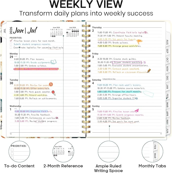 Academic Planner 2026-2027, Weekly and Monthly Calendar Book, July 2026 – June 2027, Hardcover Planner with Tabs, Perfect for Teachers, Students, Women & Men, A5 (6.4" x 8.5") - Mushrooms Grovel