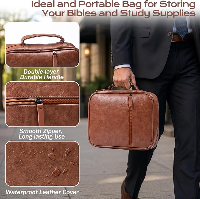 XKDOUS Leather Bible Cover Book Carrying Case Classic Church Bag Holder Portable Study Supplies Organizer with Handle, Pockets Father Day Christian Gift for Dad, Men, Women, Friends