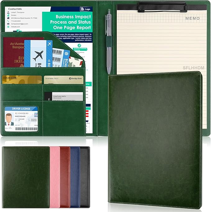 Clipboard Padfolio with Storage Pocket,Clipboard Folder Portfolio Organizer,360 Degree Foldable Clipboards,Faux Leather Padfolio Organizer (Olive Green, A4 Size Folder Without Elastic Band)