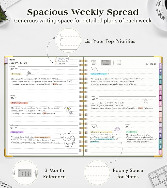 Academic Planner 2026-2027, 18 Months Weekly and Monthly Hardcover Planner, July 2026 - December 2027, 8.5" x 11" A4 Large Daily Calendar Planner Book with Tabs, Spiral College School Agenda Organizer for Student Teacher, Green