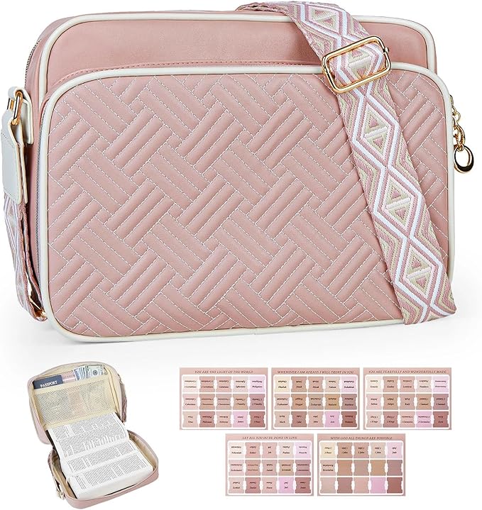 MHJY Bible Bag Leather Bible Cover Case for Women Zipper Quilted Bible Cover with Bible Tabs and Shoulder Strap Crossbody Purses for Book Cover