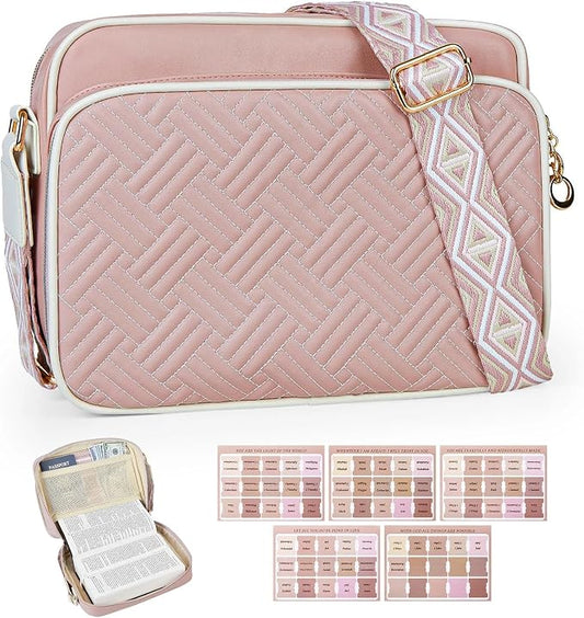 MHJY Bible Bag Leather Bible Cover Case for Women Zipper Quilted Bible Cover with Bible Tabs and Shoulder Strap Crossbody Purses for Book Cover