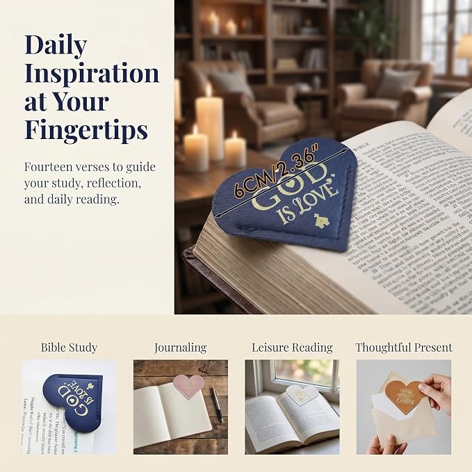 14Pcs Leather Heart Bookmarks Set, Cute Book Marks for Women Readers, Inspirational Christian Gifts for Mom, Bible Verse Page Accessories for Teachers Students Book Lovers