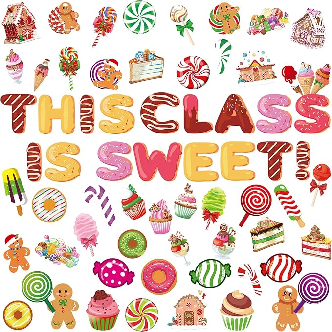 Marspark 68 Pcs Christmas Classroom Bulletin Border Decoration Candy Land Decoration Christmas Cutouts Peppermint Gingerbread Man Donut Ice Cream Cutouts for Classroom Door Wall Windows Decor