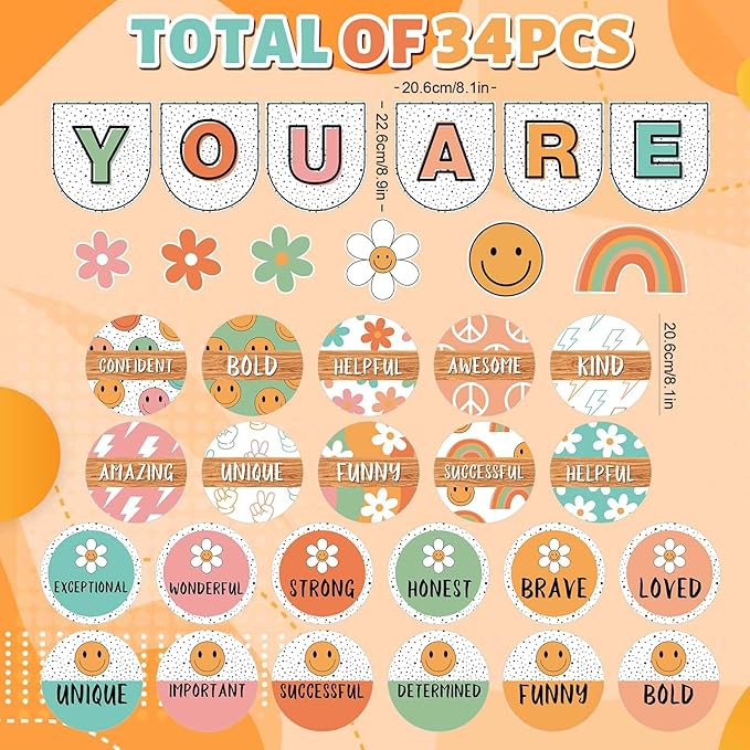 JarThenaAMCS Boho Affirmation Station Bulletin Board Set Retro Motivational Inspirational Paper Cutouts with Glue Points Positive Growth Mindset Decor for Back to School Students Classroom Home