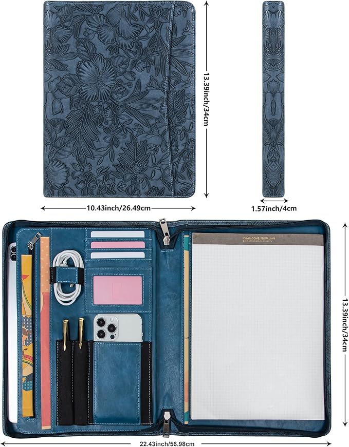 Embossed Vegan Leather Portfolio for Women,Professional Organize Padfolio with A4 Notepad Holder,Professional Business Document Organizer for Women (Blue)