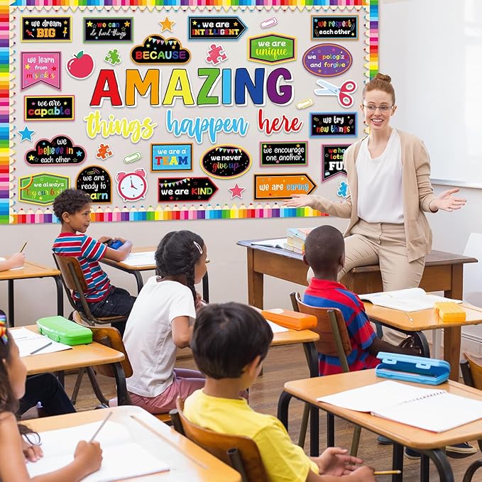 gisgfim Welcome Back to School Bulletin Board Decorations Set Amazing Things Happen Here Classroom Colorful Paper Cutouts Motivational Pencil Bulletin Board Borders Decor for Nursery Chalkboard Wall