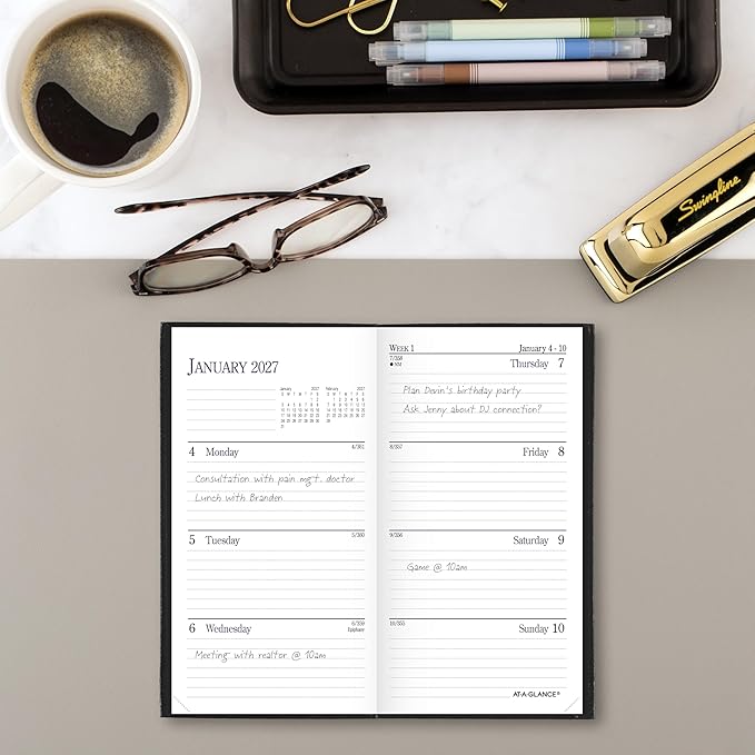 AT-A-GLANCE 2027 Planner, Weekly & Monthly, 3" x 6", Pocket Size Fine Diary, Faux Leather Hardcover, Black (72020527)