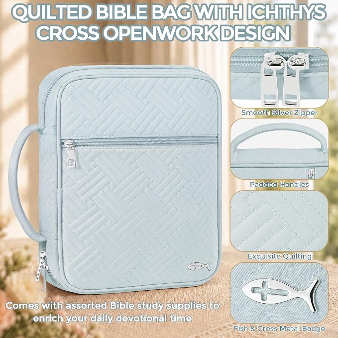 XKDOUS Bible Cover Case for Women, Large Bible Cover with Durable Handle, Washable Quilted Bible Case, Bible Study Supplies & Christian Gifts for Mom, Women, Men (Light Blue)