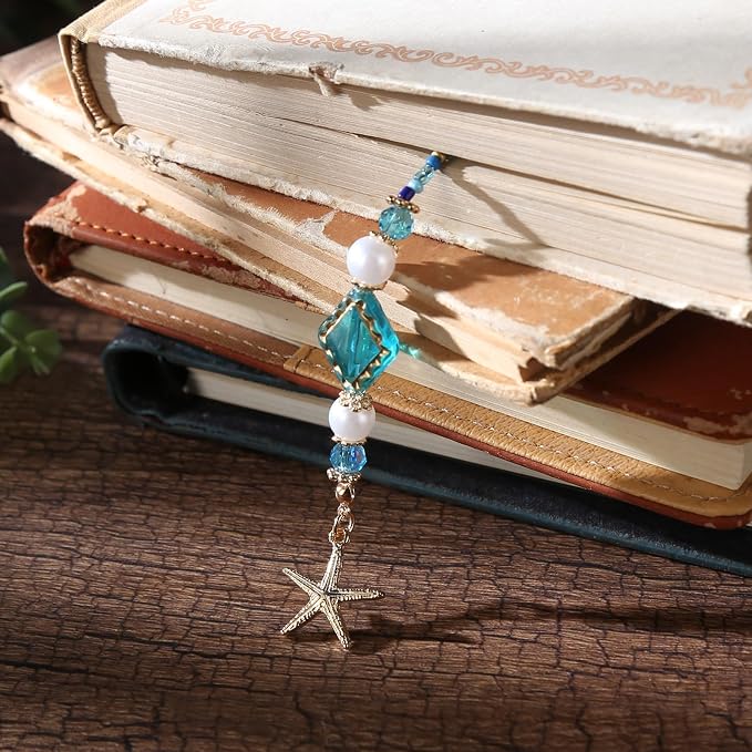 Seashell Starfish Beaded Bookmark - Ocean Blue Beads Book Mark for Women, Unique Coastal Aesthetic Accessories Bookish Gifts for Booklovers Students Teachers