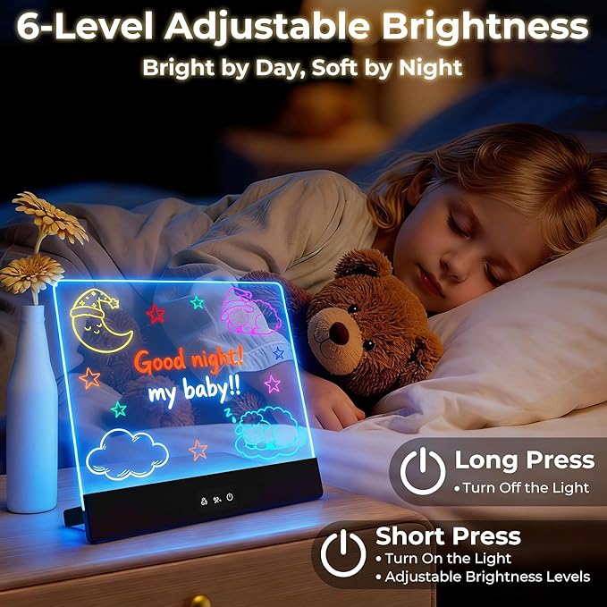 Bawaslom Rechargeable Doodle Glow LED Drawing Board for Kids,11.8"×10.3" Magic Neon Light Up Drawing Tablet,8 Colors & 4 Modes,Built-in Stand Note Board,Creative Toys Gifts for Girls & Boys,Black