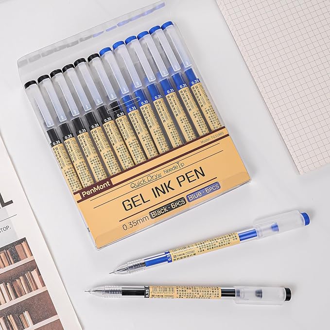 Quick Dry Gel Roller Pens, Japanese Style, 0.35mm Extra Fine Point, Precise and smooth writing, 12-Count Pack (6 Black + 6 Blue)
